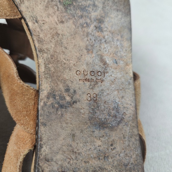 Gucci Sigourney‎ Sandals Womens 39 9 Brown Leather Studded Gladiator FLAWED - Picture 12 of 13